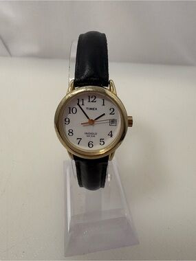 Timex Indiglo Gold Tone Case with Black Leather Strap Watch